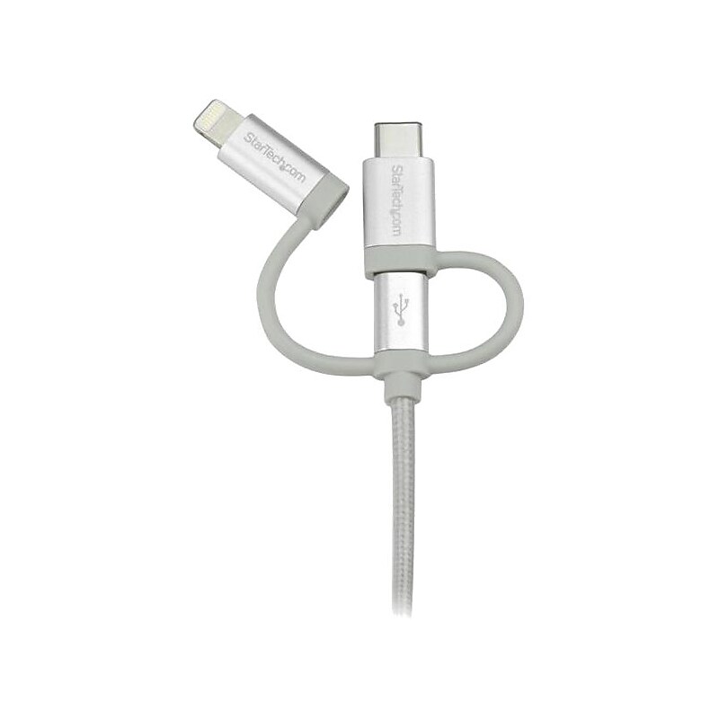 StarTech 1m 3 ft USB Multi Charger Cable, Braided, Silver, 3 in 1 Charging Cable, USB to Lightning Cable, USB to Micro USB Cable image 1