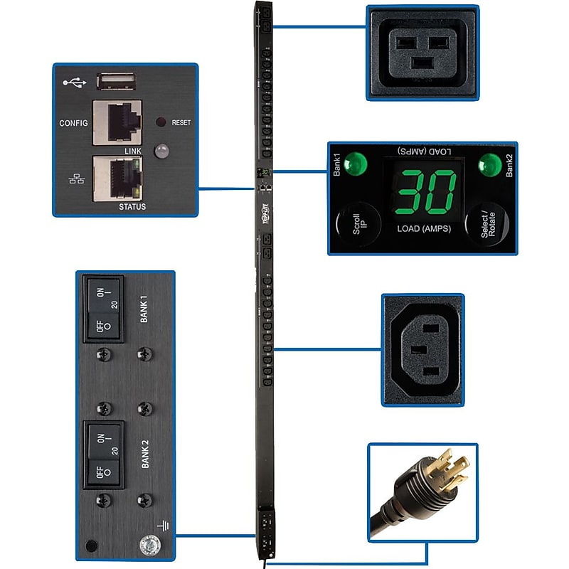 Tripp Lite PDU Switched 5/5.8kW 208/240V, 20 C13 4 C19, LX Platform Interface, 0URM Rackmount Vertical TAA image 1