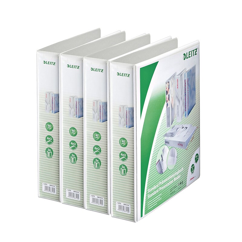 Leitz A4 Binders 1 1/2" 4-Ring A4 Binders, D-Ring, White, 4/Pack (4286PACK) image 1