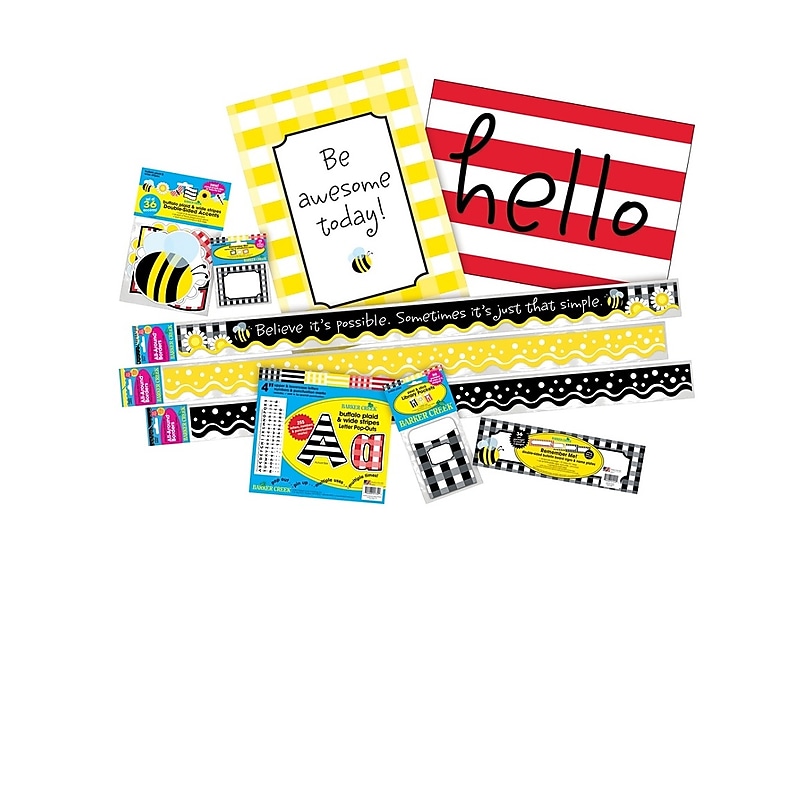 Barker Creek Classroom Decor Set, "Be Awesome" Buffalo Plaid And Wide Stripes, Pre-K To College (BC3725) image 1
