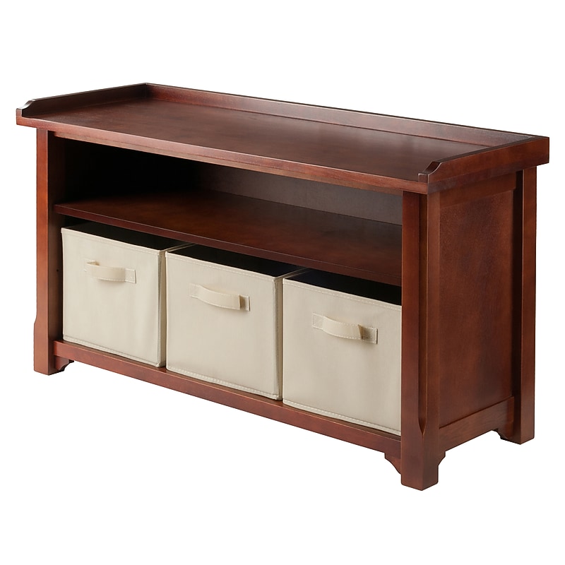 Winsome Verona Solid/Composite Wood Storage Bench With 3 Foldable Fabric Baskets, Walnut/Beige image 1