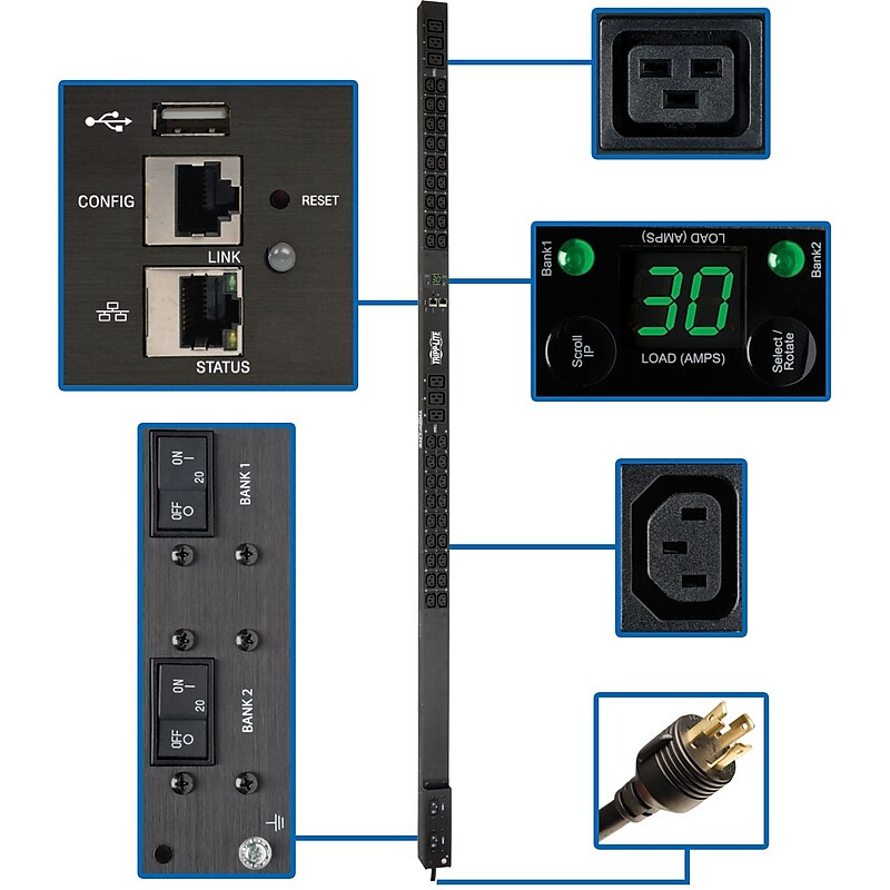Tripp Lite Single-Phase 200/208/240 V Monitored Power Distribution Unit, 42-Outlet, Black (PDUMNV30HV2LX) image 1