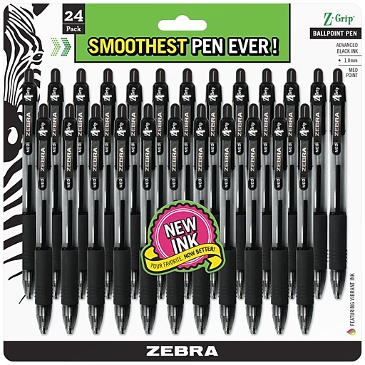 Zebra® ZGrip® Retractable Ballpoint Pen, Medium Point, Black, 24/Pack