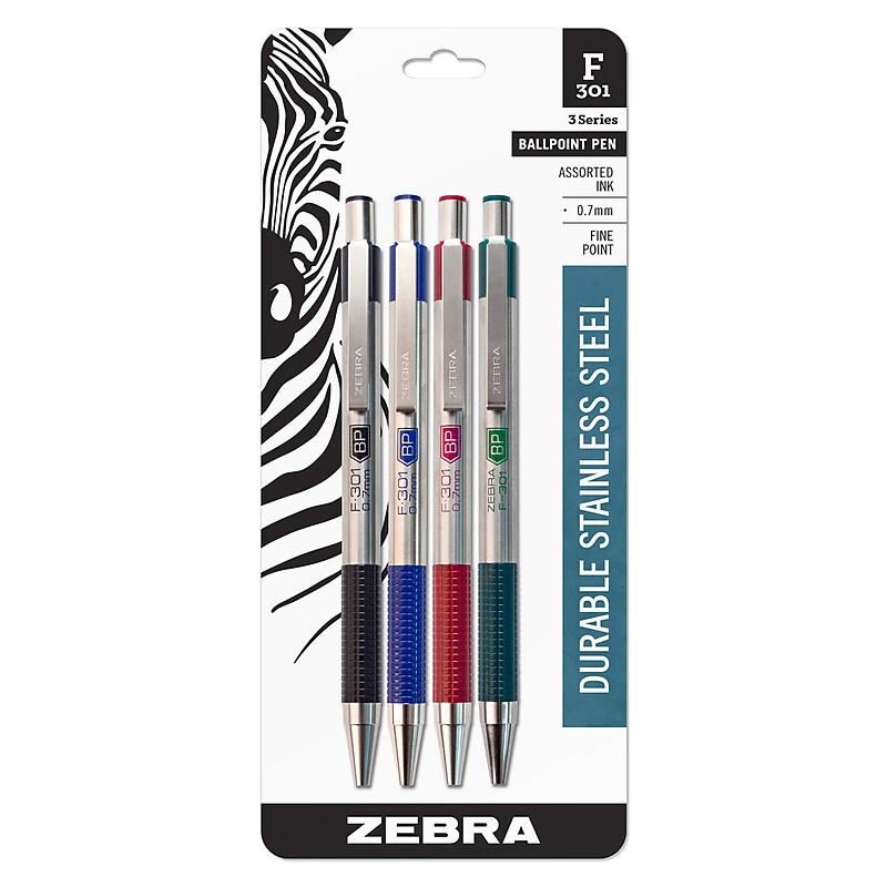 Zebra F-301 Retractable Ballpoint Pen, Fine Point, 0.7mm, Assorted Ink, 4 Pack (27174) image 1