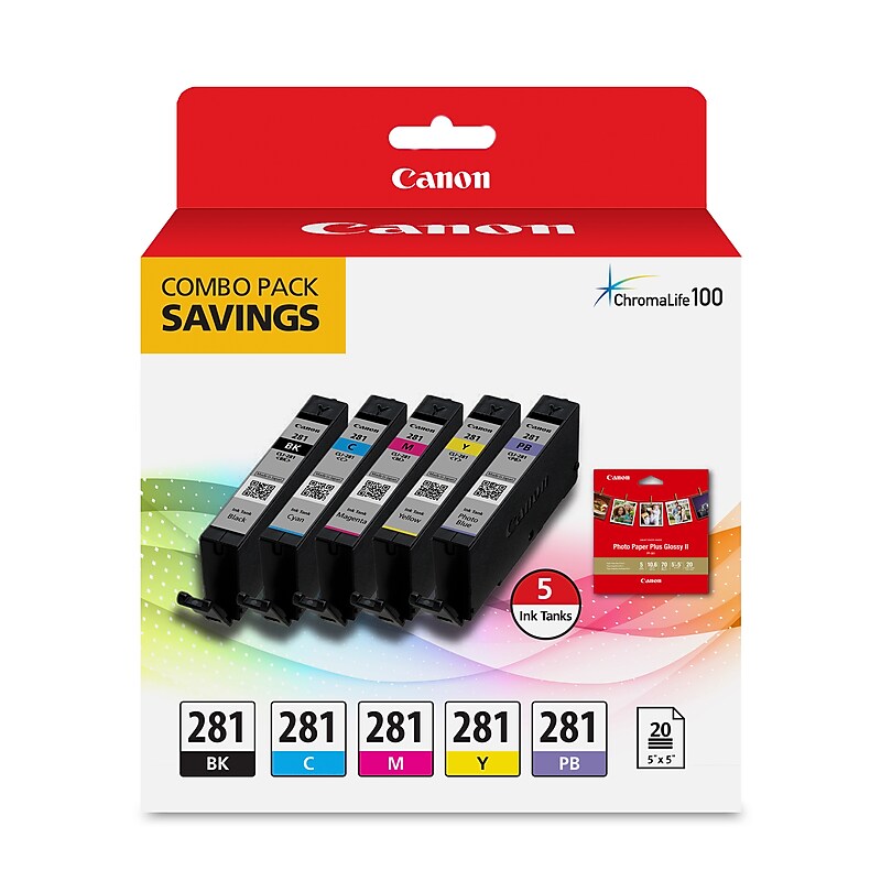 Canon 281 Black/Cyan/Magenta/Yellow/Photo Blue Standard Yield Ink Cartridge, 5/Pack (2091C006) image 1