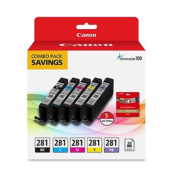 Canon CLI-281 Black/Photo Blue/Cyan/Magenta/Yellow Standard Yield Ink Cartridge, 5/Pack (2091C006)