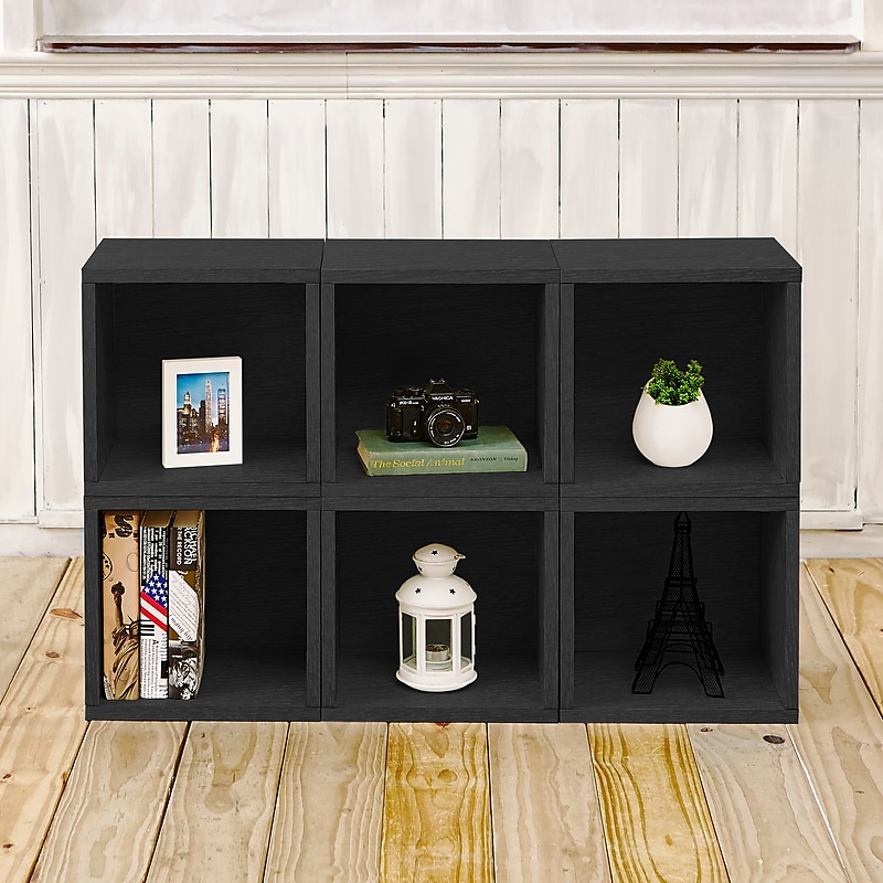 Way Basics 25.6"H x 40.2"W 6 Stackable Modular Modern Eco Storage Cube System Cubby Organizer, Black Wood Grain (PS-MC-6-BK) image 1