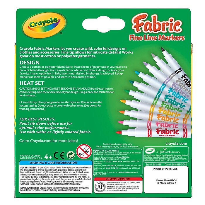 Crayola Fine Line Fabric Markers, Assorted, Set of [Pack of 10