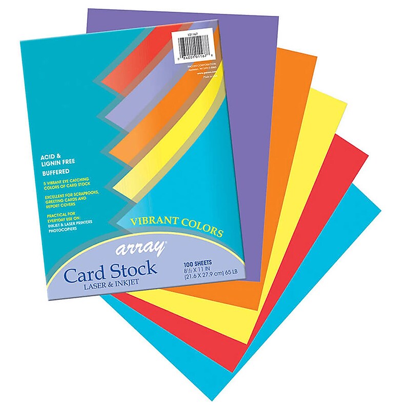 Pacon Array 65 lb. Cardstock Paper, 8.5" x 11", Assorted Colors, 100 Sheets/Pack, 2 Packs/Bundle (PAC101167) image 1