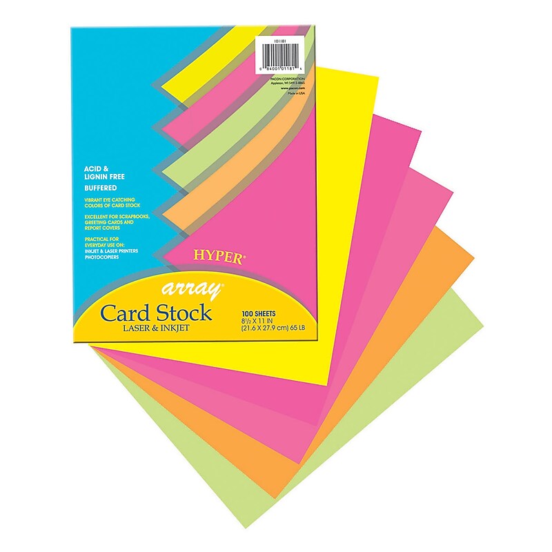 Pacon Array 65 lb. Cardstock Paper, 8.5" x 11", Assorted Hyper Colors, 100 Sheets/Pack, 2 Packs/Bundle (PAC101181) image 1