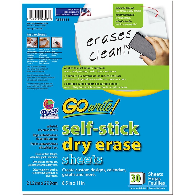 Pacon Go Write Dry Erase Sheets 30PK 8 1/2 X 11 Plain, Melamine, Self Stick (PACASB8511) image 1