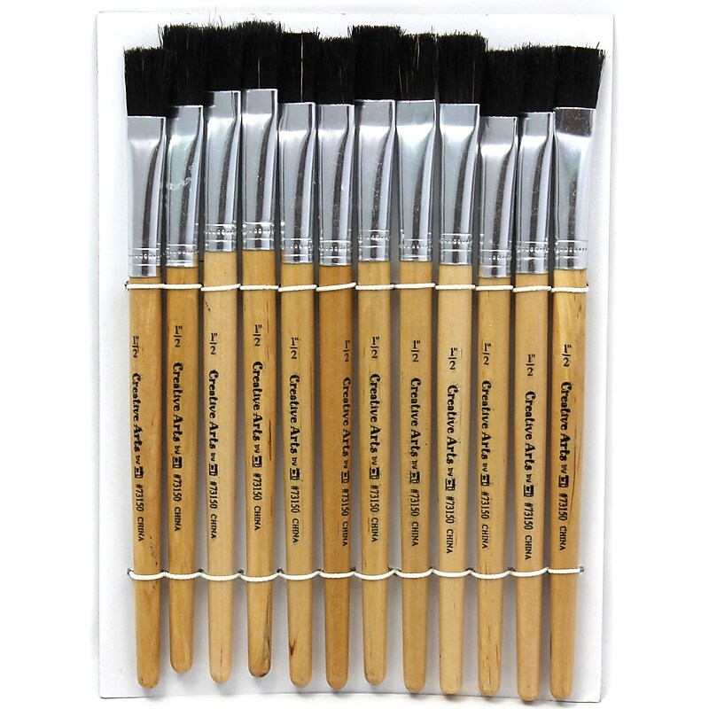 Charles Leonard Flat Easel Paint Brushes With 1/2" Wide Natural Stubby Handle, Black Bristle, 12/Pack image 1