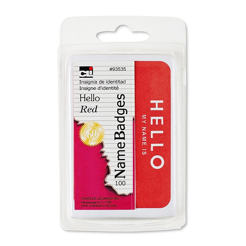 Charles Leonard Self-Adhesive Name Tags, Hello, Red 100/pkg, 5.25 x 3 (CHL935335) image 1