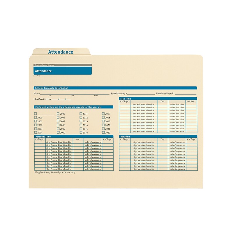 ComplyRight Employee Attendance Records Organizer, Pack of 25 (A0308) image 1