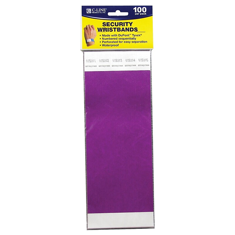 C-Line® CLI89109 Security Wristbands, Purple, Pack of 100 image 1