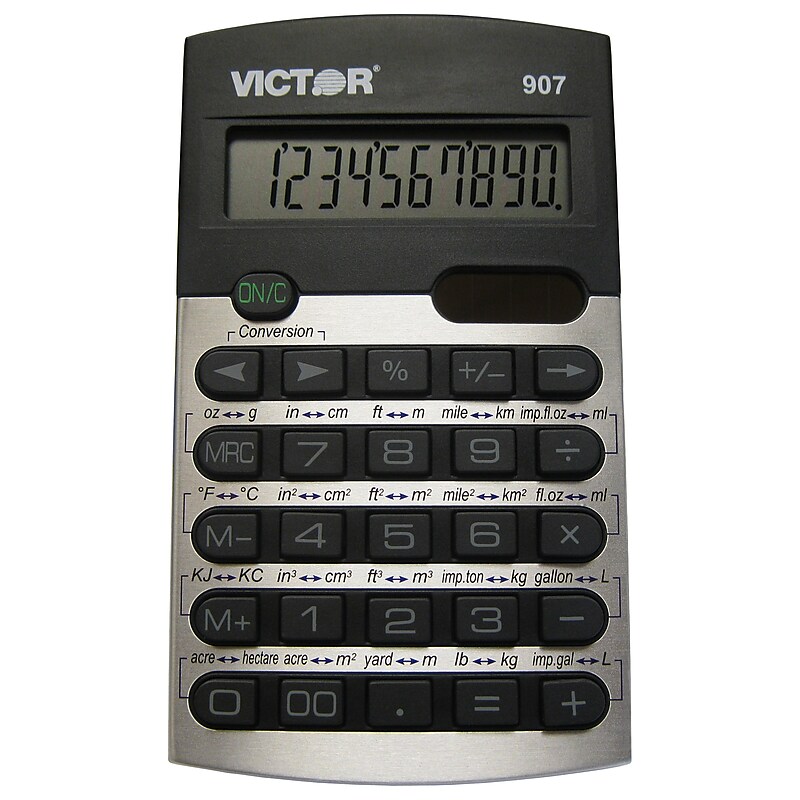 Victor Technology Metric Conversion Calculator, VCT907, 10 digit, silver and black design image 1