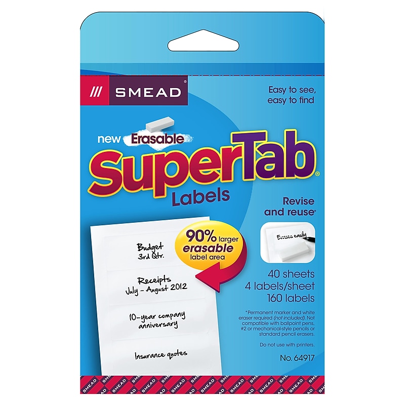 Smead 160ct Erasable Supertab File Folder Labels, 3 7/16" x 1 1/4" (SMD64917) image 1