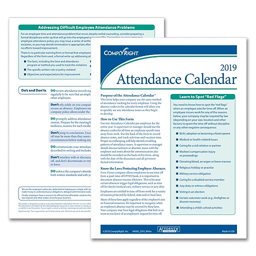 ComplyRight Attendance Calendar Card White Pack Of 25 A4000W25