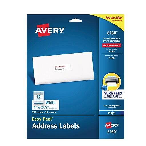 Avery 1" x 25/8" Inkjet Address Labels with Easy Peel, White, 750/Box