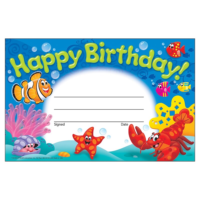 Trend Enterprises® Happy Birthday! Sea Buddies™ Recognition Award, 30/Pack image 1