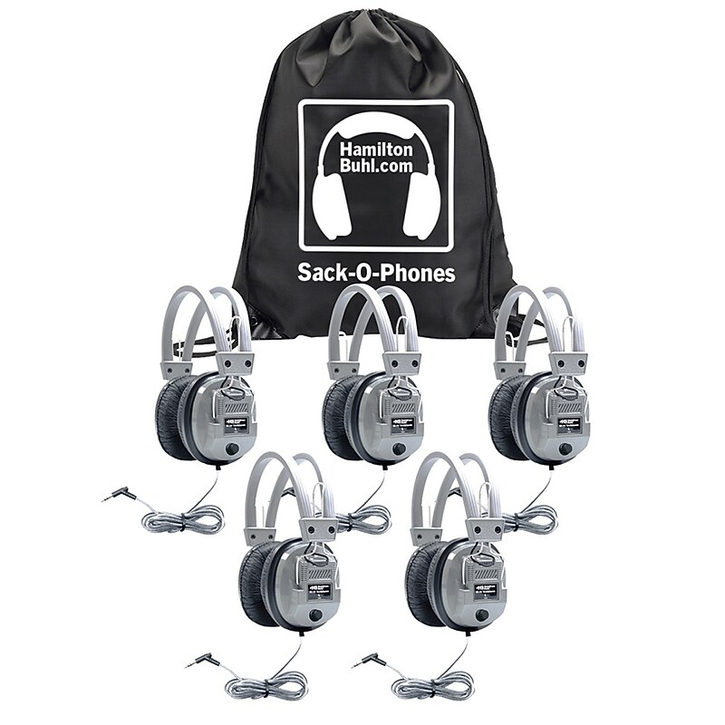 Hamilton Buhl Sack-O-Phones Wired Ambient Sound Over-Ear Headphones, Gray, 5/Pack (HECSOPSC7V) image 1