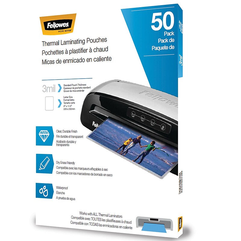 Fellowes® Thermal Laminating Pouches, 50 Pack, Letter Size, 3mil, 9 x 11.5 inches for business, educational, or craft laminating image 1