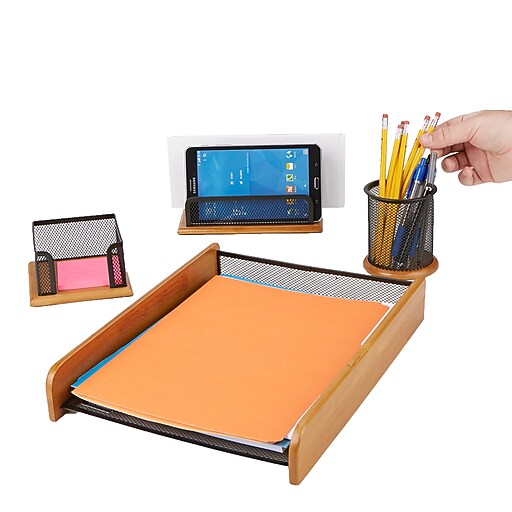 Mind Reader 4 Piece Wood Set Desk Organizer, Black (WDSET4BLK) Staples