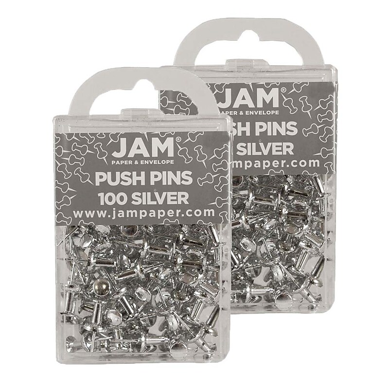 JAM Paper Push Pins, Silver, 2 Packs of 100 (222419054A) image 1