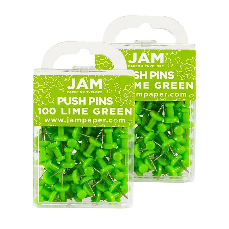 JAM Paper Push Pins, Lime Green, 2 Packs of 100 (522416893A) image 1