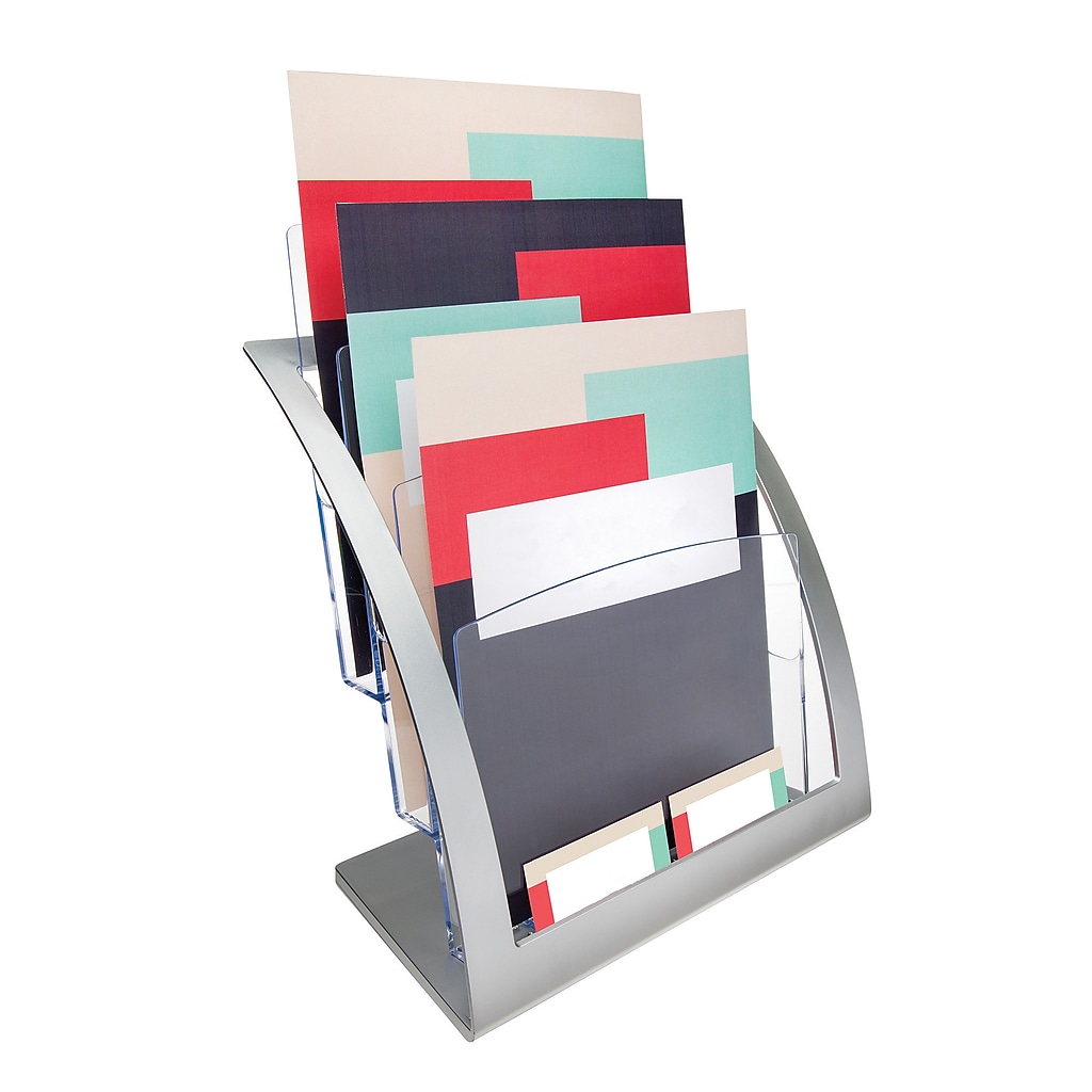 angled view of Deflect-O magazine rack with multiple folders