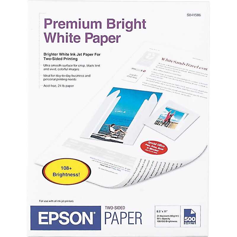 Epson Premium 8.5" x 11" Printer Paper, 90lbs, 108 Brightness, 500 Sheets/Ream (S041586) image 1