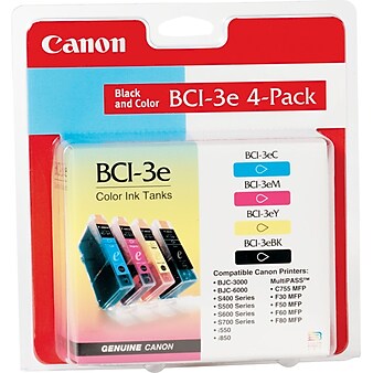 Canon BCI-3e Black/Cyan/Magenta/Yellow Standard Yield Ink Cartridge, 4/Pack (4479A230)