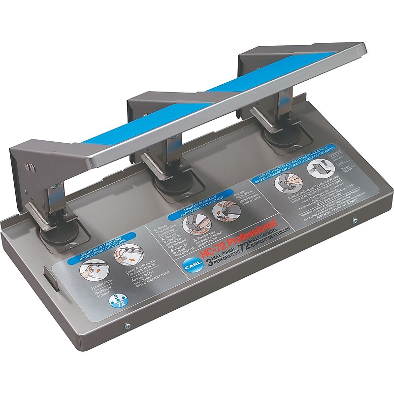 CARL HC-72N Heavy-Duty 3-Hole Punch, 72 Sheets/20 lb., Black/Silver image 1