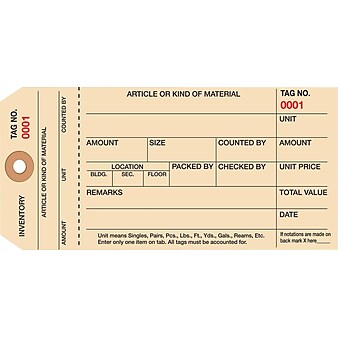 1 Part Stub Style Numbered Inventory Tags: 0-999, 1000/Case