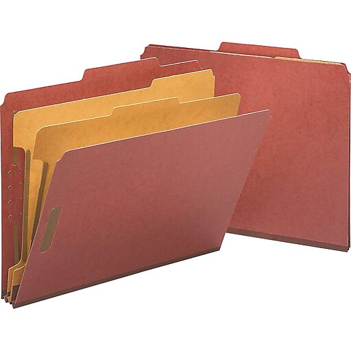 Staples® Top Tab Pressboard Classification Folders, Letter, Red, 2/5