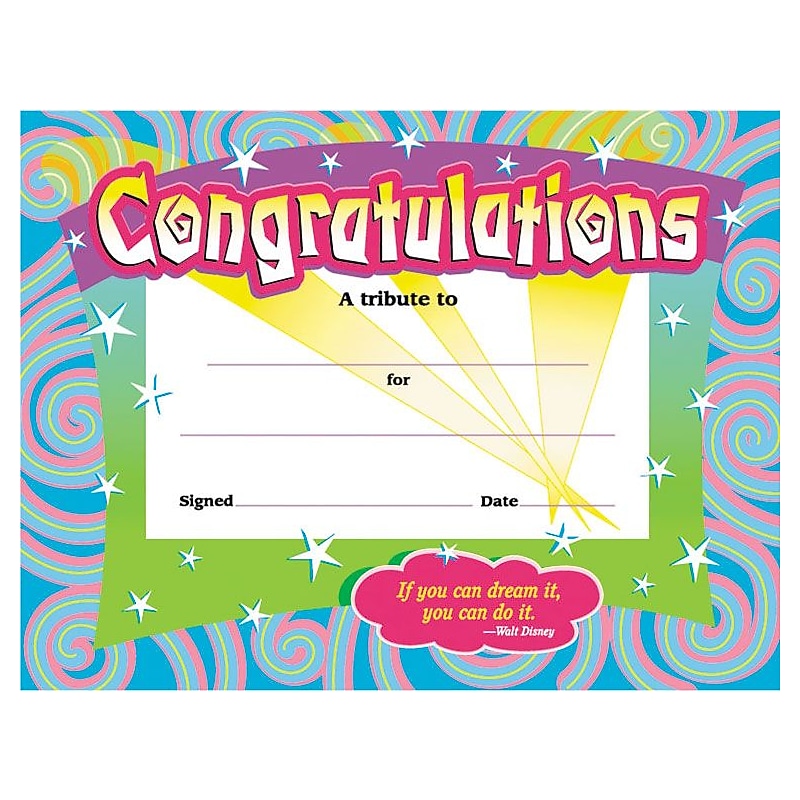 Trend Enterprises "Congratulations" Award Certificates, Assorted Colors, 8 1/2"H x 11"W, 30/Pk (T2954) image 1