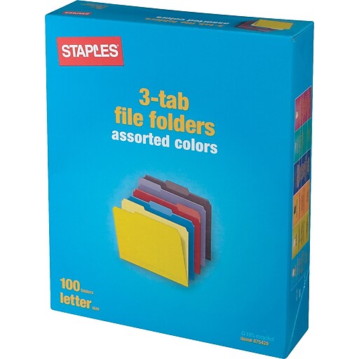 Staples® Colored TopTab File Folders, 3 Tab, 5 Color Assortment, Letter Size, 100/Pack Staples