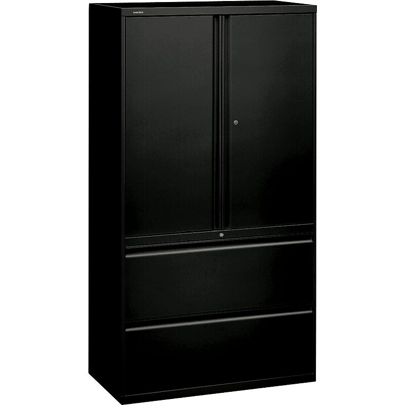 HON Brigade™ 800 Series Lateral File Cabinet with Storage, Letter/Legal, 2-Drawer, Black, 19 1/4"D image 1