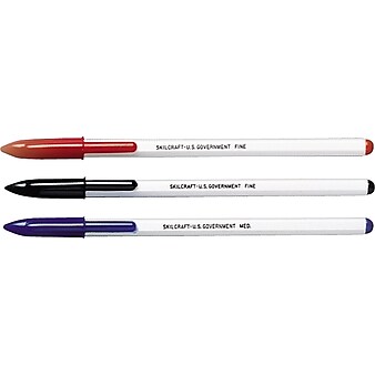 SkilCraft Stick Ballpoint Pens, Medium Point, Red Ink / White Barrel, 12/Pk
