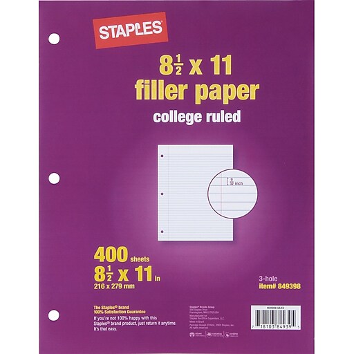 Staples College Ruled Filler Paper, 8 1/2" x 11", 400/Pack (27521M
