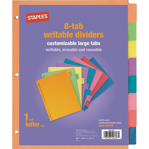 Staples® Large Tab Writable Dividers, 8Tab Set, Multicolor Staples