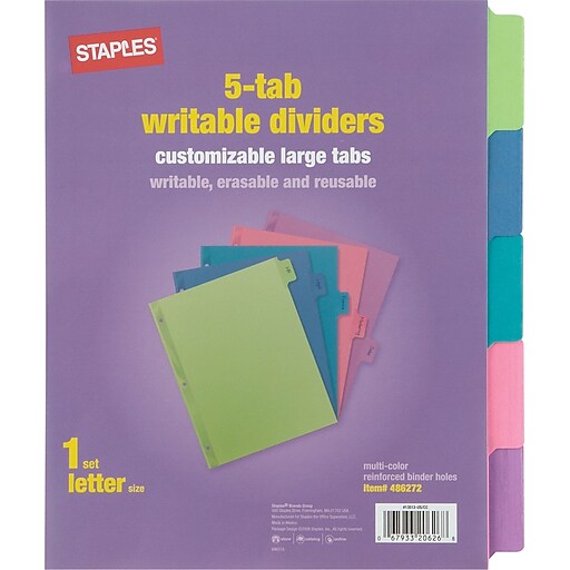 Staples Tab Writable Dividers, Multicolor, Large, 5 Tab Set (13512/