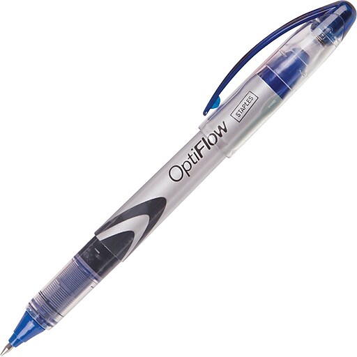 Staples® OptiFlow™Rollerball Pens, Fine Point, Blue, Dozen Staples