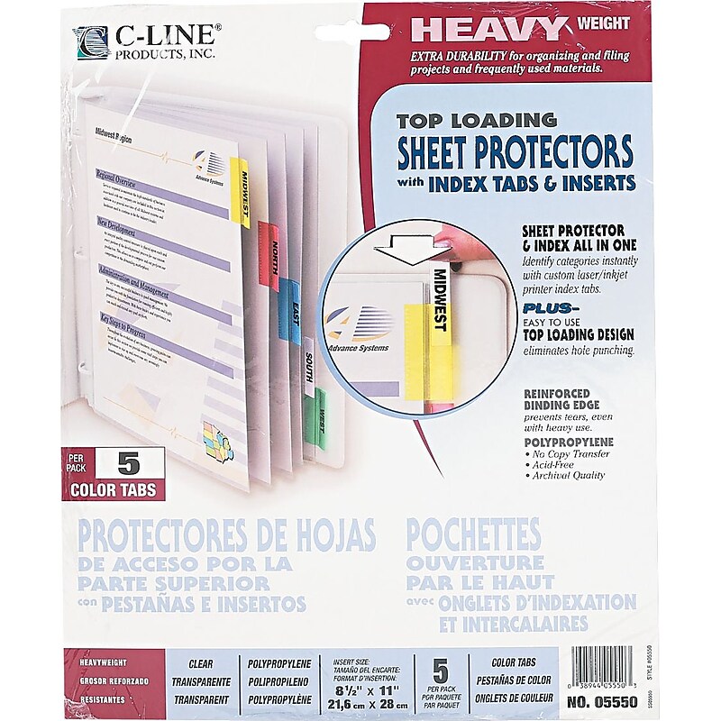 C-Line Heavyweight Sheet Protectors, 8-1/2" x 11", Assorted Colors, 5 Tab, 5/Set (5550) image 1