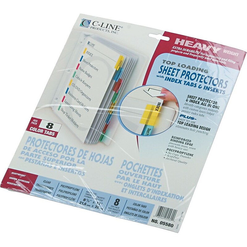 C-Line Heavyweight Sheet Protectors, 11" x 8-1/2", Assorted Colors, 8 Tab Set (05580) image 1