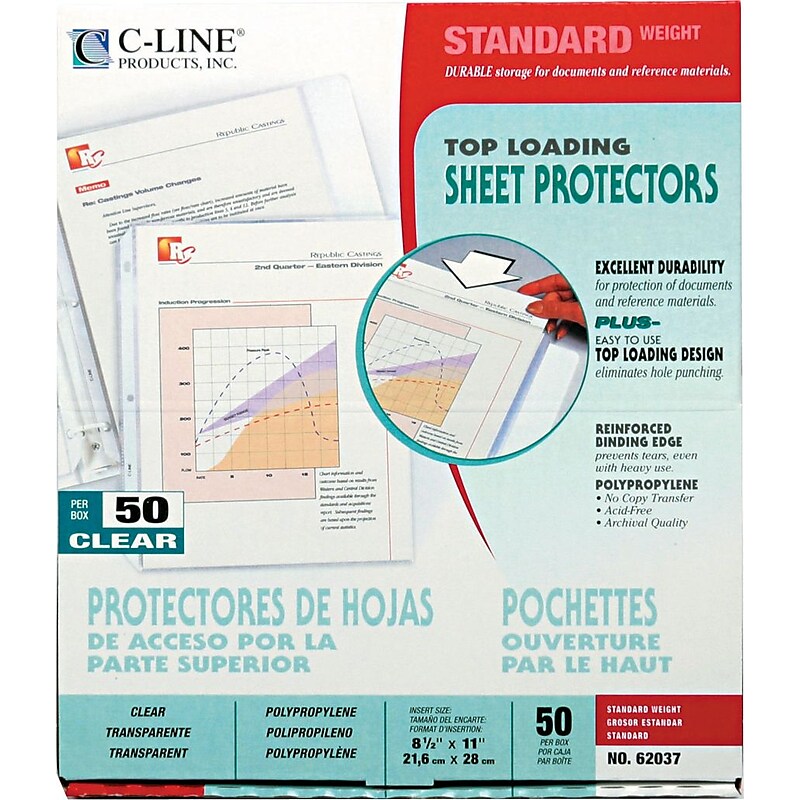 C-Line Standard Weight Sheet Protectors, 11" x 8-1/2", Clear, 50/Box (62037) image 1