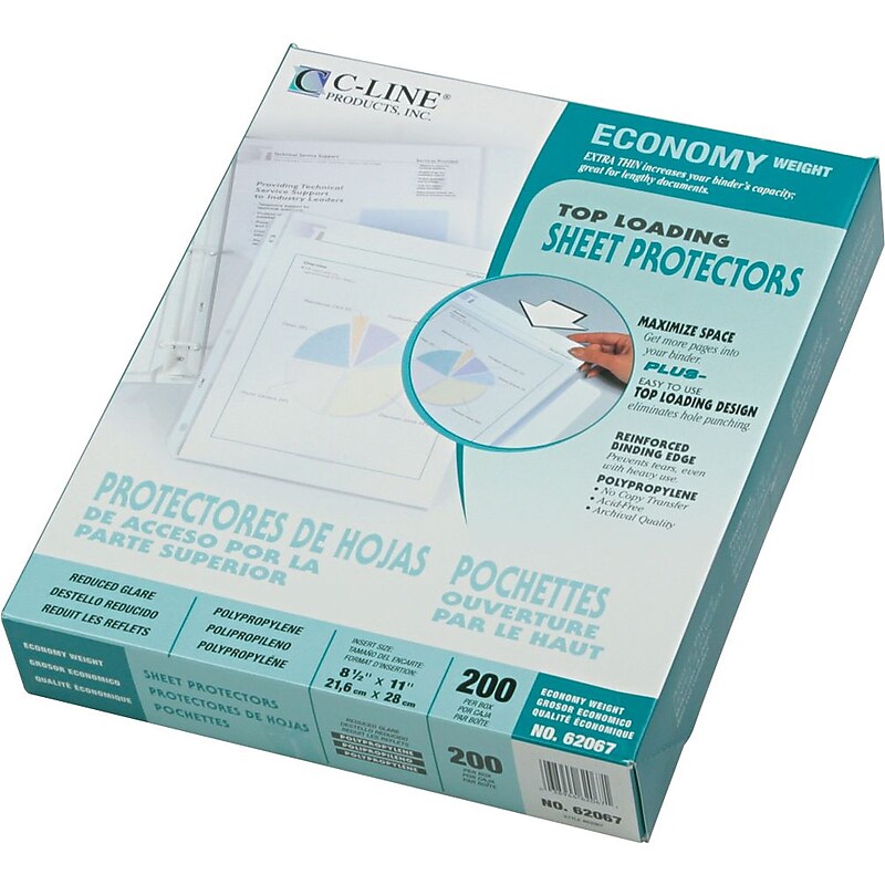 C-Line Top Load Sheet Protector, Economy Weight, Reduced Glare, 8-1/2" x 11", Clear, 200/Box (CLI62067) image 1