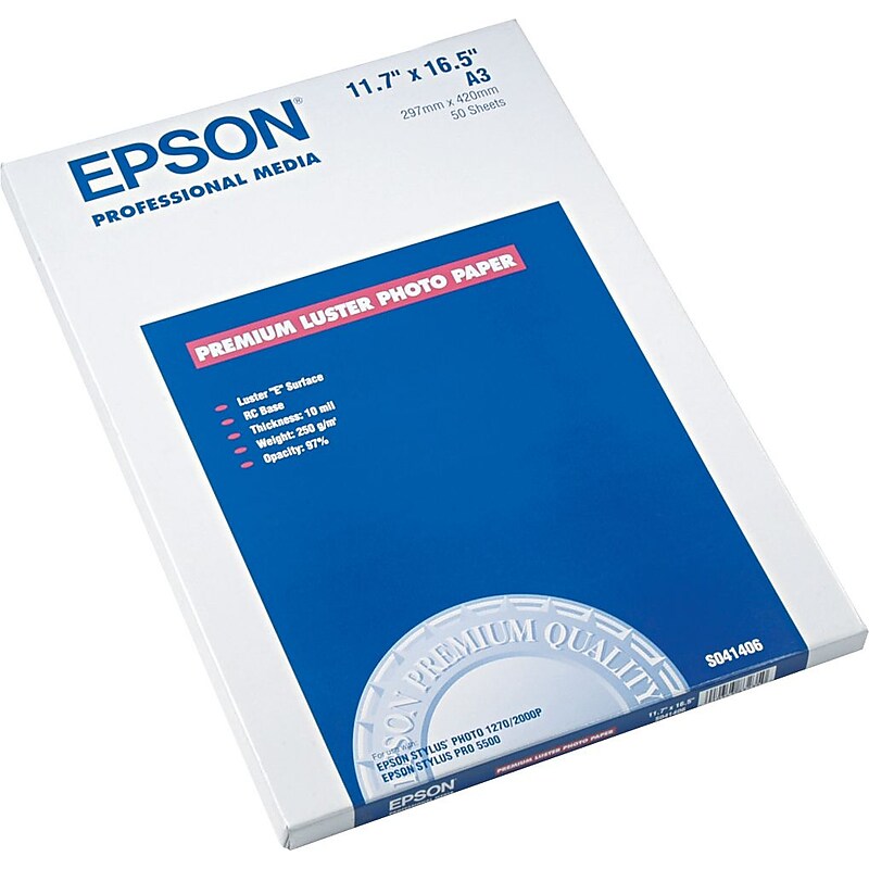 Epson Glossy Photo Paper, 11.7" x 16.54", 50 Sheets/Pack (EPSS041406) image 1