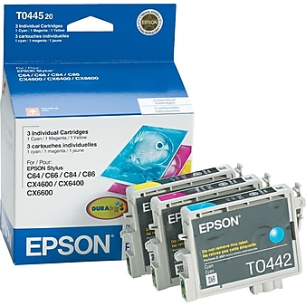 Epson T044 Cyan/Magenta/Yellow Standard Yield Ink Cartridge, 3/Pack