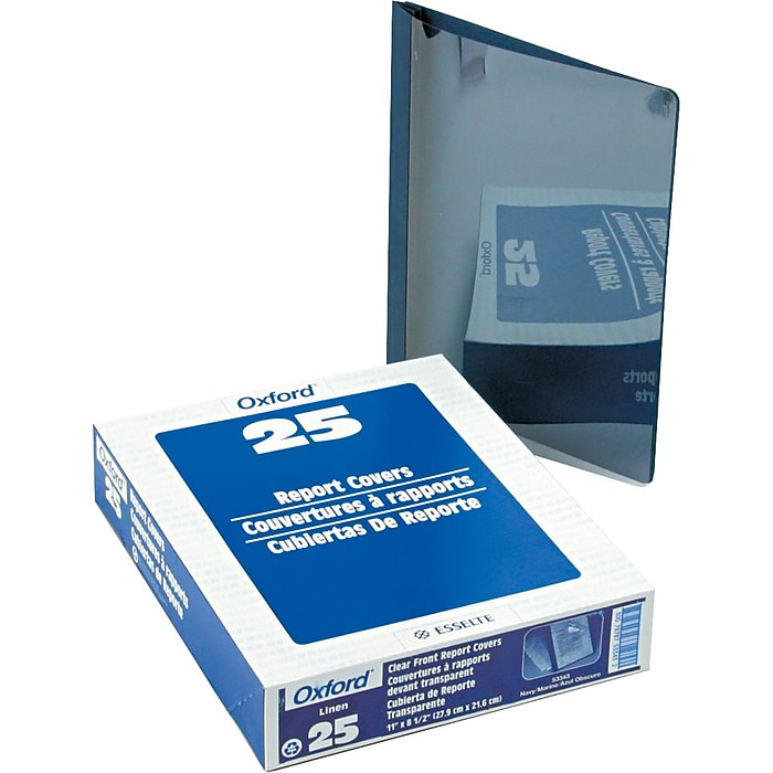Oxford® Clear Front Report Covers with Linen Finish, Navy, 8 1/2